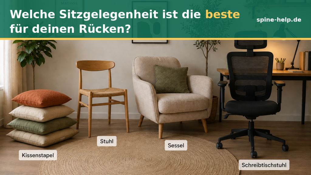 Welche Sitzgelegenheit ist die beste für deinen Rücken? Kissenstapel, Stuhl, Sessel und Schreibtischstuhl im Vergleich – spine-help.de by Physio Dr. Stöckl